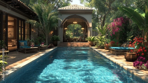 Serene poolside retreat surrounded by lush greenery and flowers.