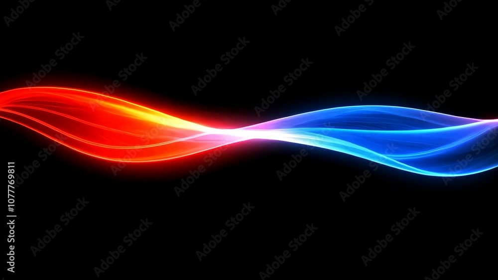 Red and blue light waves flow across a black background