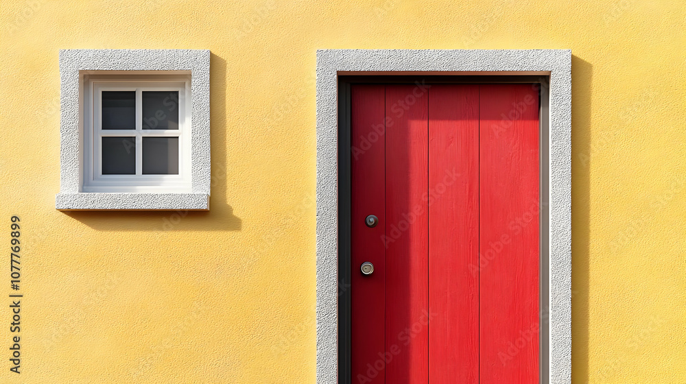 Yellow Wall with a White Trimmed Window and a Red Door - Illustration Yellow Wall with a White Trimmed Window and a Red Door - Illustration