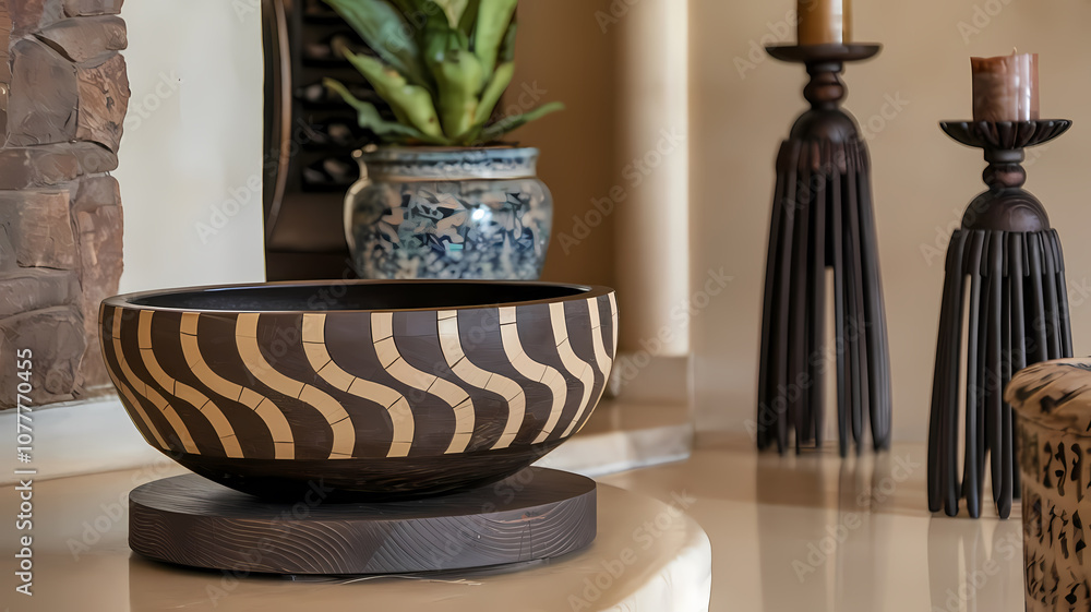 Decorative pottery bowl with striped design on a display stand, complemented by elegant candles and green plants in a cozy setting. Decorative pottery bowl with striped design on a display stand, complemented by elegant candles and green plants in a cozy setting.