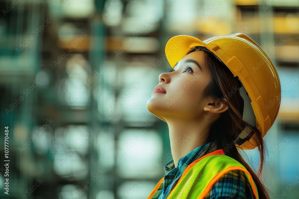 Confident female construction worker inspecting building progress Confident female construction worker inspecting building progress