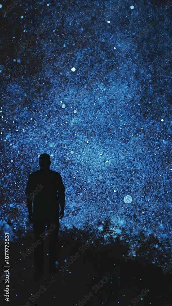 A lone figure stands silhouetted against a glowing blue wall, illuminated by bioluminescent plankton at night A lone figure stands silhouetted against a glowing blue wall, illuminated by bioluminescent plankton at night