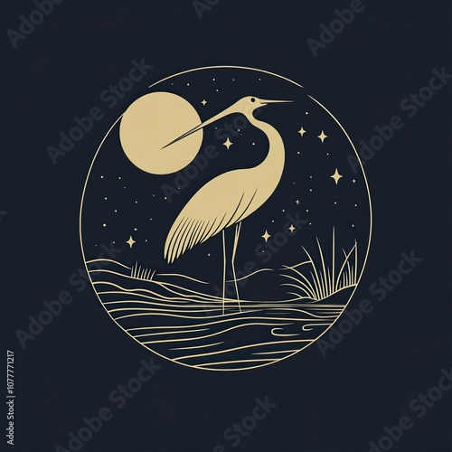 a clean line design of an ex libris logo featuring a crane and stream under a starry night.generative ai photo