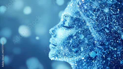 A side profile of a face made up of shimmering particles, with a sparkling bokeh background, evoking themes of mystery and imagination.