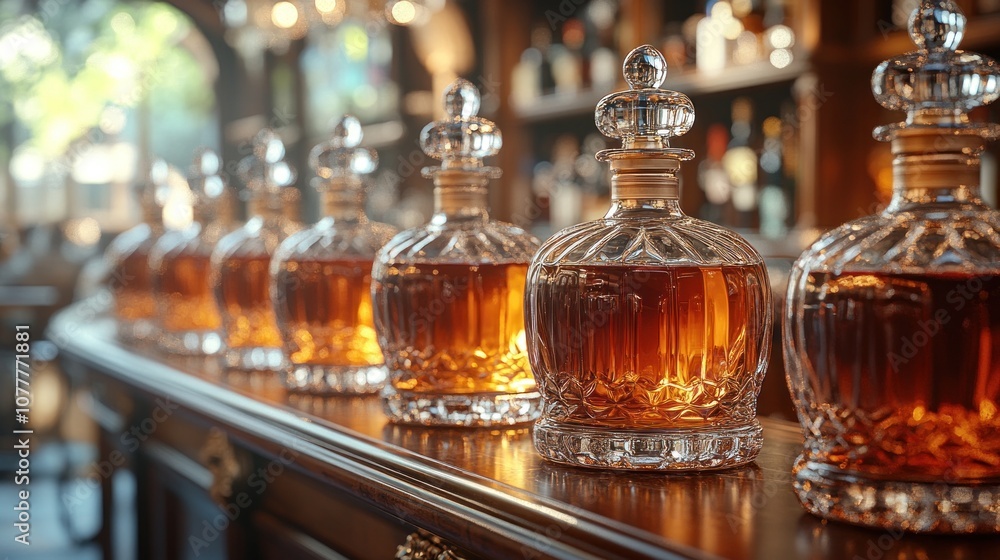 Elegant glass decanters filled with amber liquid on a bar. Elegant glass decanters filled with amber liquid on a bar.