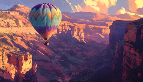 Hot Air Balloon Soaring Over a Canyon at Sunset