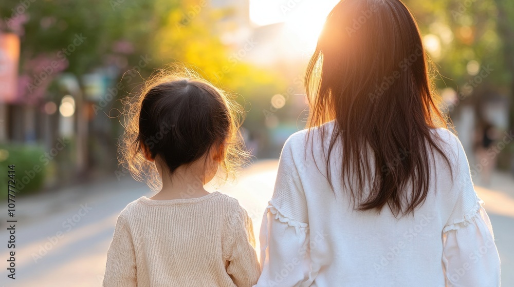 母と子が自然を楽しむ暖かい春の日の散歩 母と子が自然を楽しむ暖かい春の日の散歩