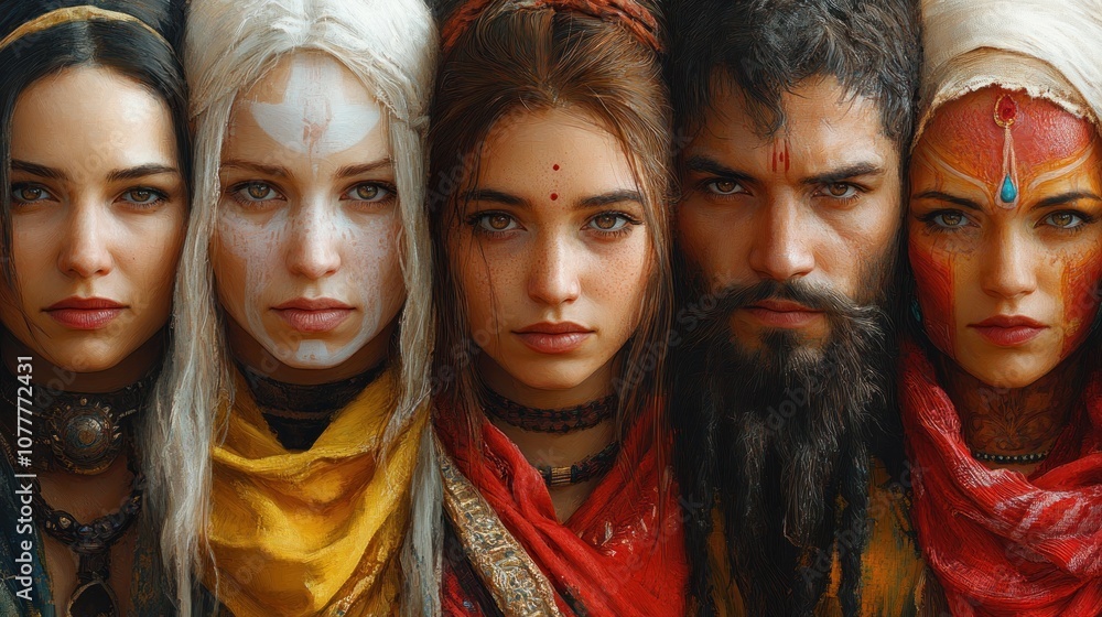 Group portrait of five diverse characters with intricate designs. Group portrait of five diverse characters with intricate designs.