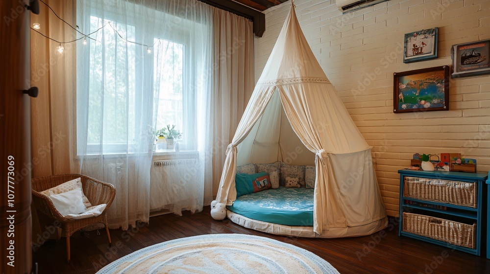 Cozy Scandinavian-style kids room with play teepee, natural decor, soft tones. Cozy Scandinavian-style kids room with play teepee, natural decor, soft tones.