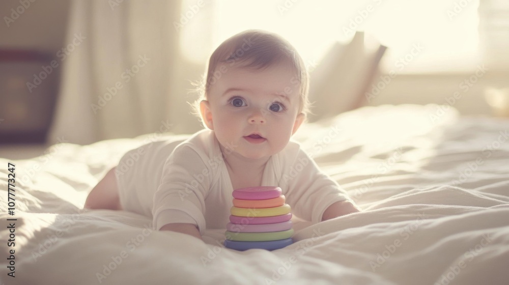 Baby Playing with Montessori Stacking Toys in Sunlight Baby Playing with Montessori Stacking Toys in Sunlight
