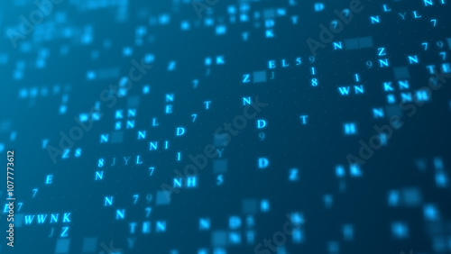 Blue glowing letters and numbers matrix abstract background, horizontal composition. Technology background.