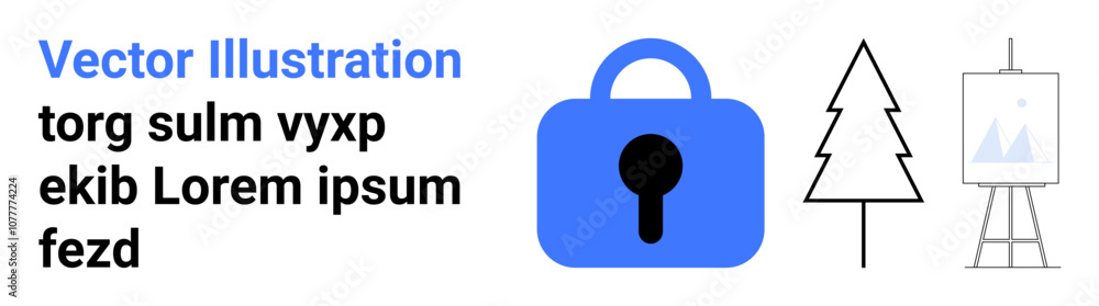 Blue padlock, outlined tree, and artists easel with painting. Ideal for security, privacy, nature, art, creativity, education, and digital design themes. Banner for landing page Blue padlock, outlined tree, and artists easel with painting. Ideal for security, privacy, nature, art, creativity, education, and digital design themes. Banner for landing page