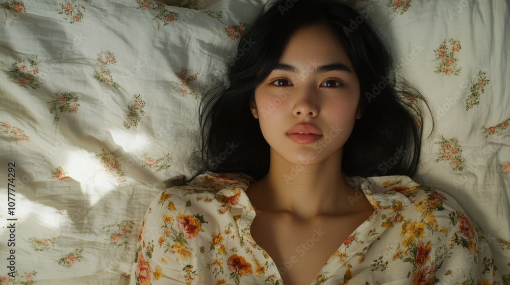 Fototapeta premium 花柄の寝具をまとった若い女性と穏やかな朝の目覚め：春のライフスタイルを満喫