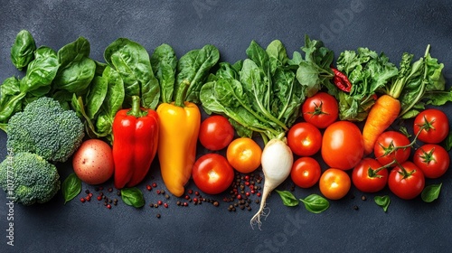 Fresh vegetables arranged in a row on a dark surface.