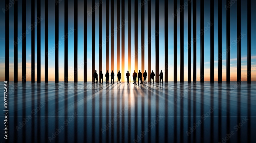 Silhouetted Figures Against Vibrant Horizon, Stripes of Light Create Dramatic Contrast, Evoking Themes of Unity, Diversity, and Reflection in a Serene Landscape Scene Silhouetted Figures Against Vibrant Horizon, Stripes of Light Create Dramatic Contrast, Evoking Themes of Unity, Diversity, and Reflection in a Serene Landscape Scene