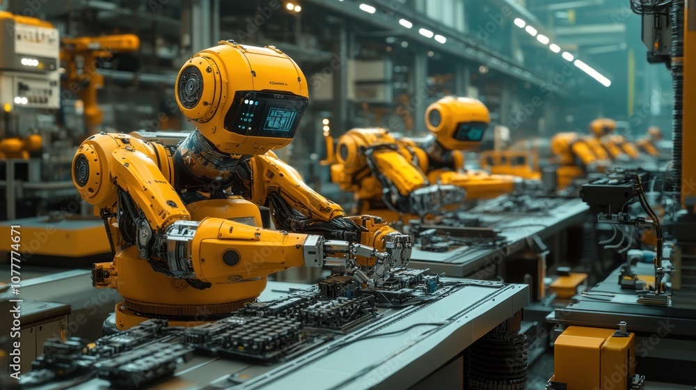 Robots assembling components in a high-tech industrial setting. Robots assembling components in a high-tech industrial setting.