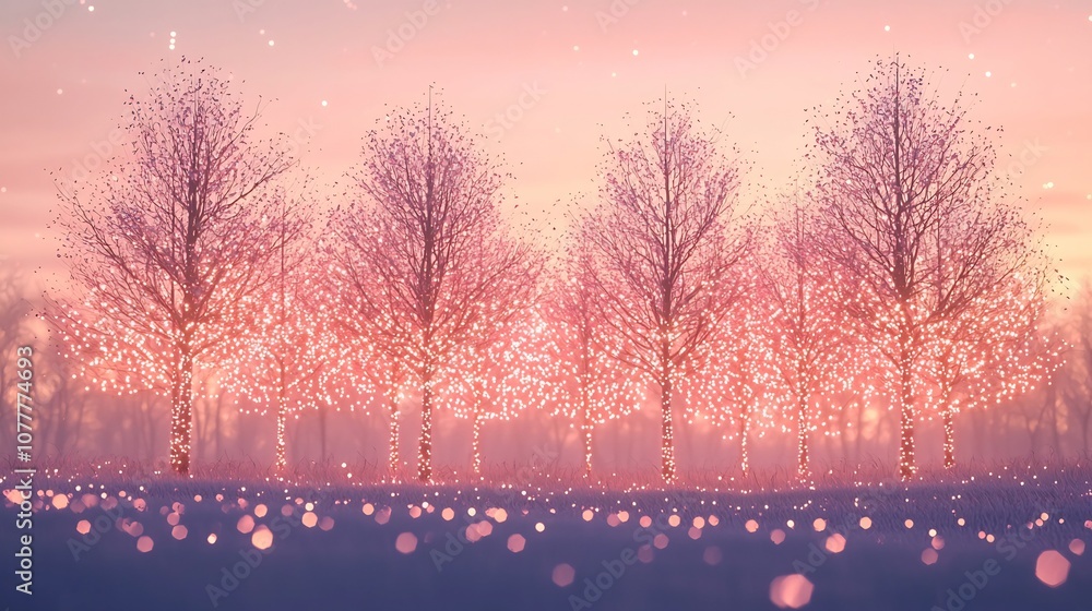 Peaceful New Year landscape scene featuring minimalist silhouettes of trees adorned with twinkling lights against a serene light lavender background Peaceful New Year landscape scene featuring minimalist silhouettes of trees adorned with twinkling lights against a serene light lavender background