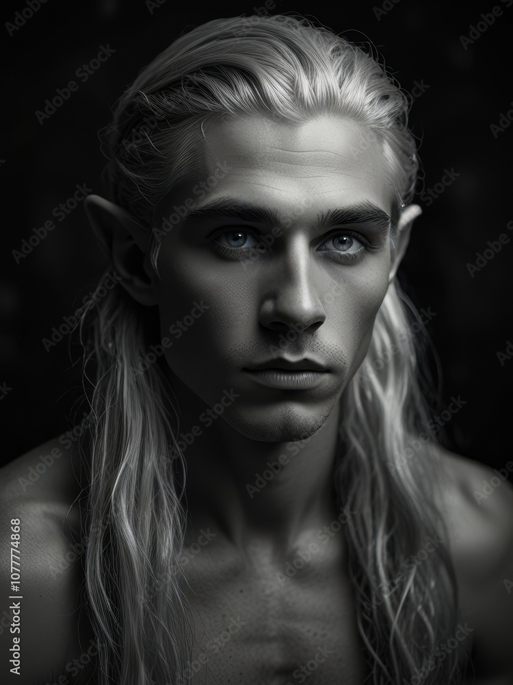 Enigmatic Elf with Flowing Silver Hair in Black and White Minimalist Portrait Enigmatic Elf with Flowing Silver Hair in Black and White Minimalist Portrait