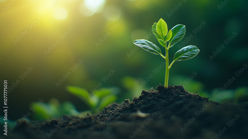 New plant sprouting in rich soil under soft sunlight during early morning hours New plant sprouting in rich soil under soft sunlight during early morning hours