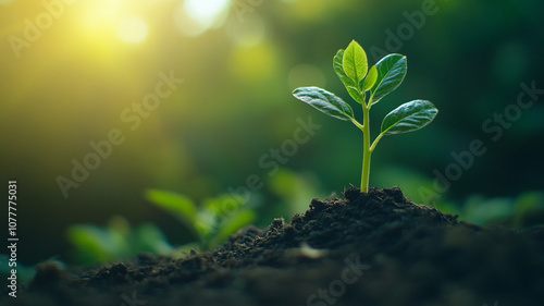 New plant sprouting in rich soil under soft sunlight during early morning hours