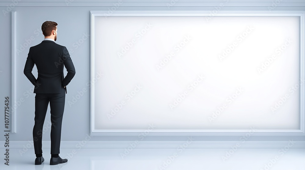 Professional Man in Suit Standing Before Blank Canvas in Modern Gallery Setting, Contemplating Ideas and Artistic Possibilities for Creative Expression Professional Man in Suit Standing Before Blank Canvas in Modern Gallery Setting, Contemplating Ideas and Artistic Possibilities for Creative Expression