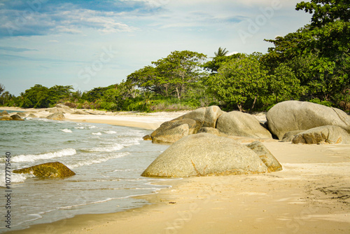 Beautiful view of Penyusuk beach, a rocky beach in Bangka Belitung lslands, Indonesia. Summer vacation concept