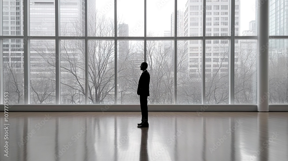A Business Professional Standing in a Modern Office Space with Large Windows Overlooking a Cityscape Abstract Scene of Reflection and Contemplation in Urban Environment A Business Professional Standing in a Modern Office Space with Large Windows Overlooking a Cityscape Abstract Scene of Reflection and Contemplation in Urban Environment