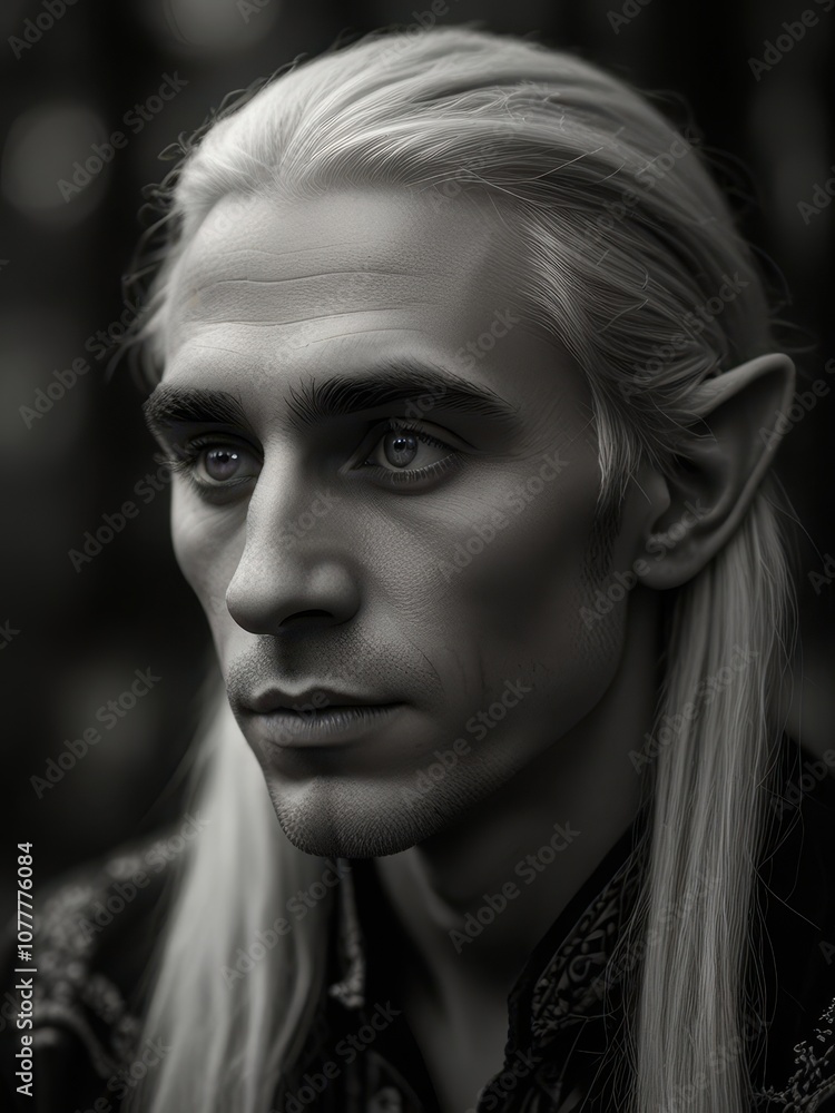 Enigmatic Elf with Flowing Silver Hair in Black and White Minimalist Portrait Enigmatic Elf with Flowing Silver Hair in Black and White Minimalist Portrait