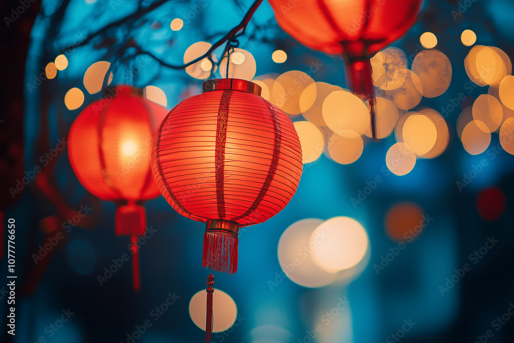 Chinese New Year, Lunar New Year. Glowing asian red lanterns. Lights, bokeh. Festival street decor, night. Festive magical atmosphere. Chinese New Year, Lunar New Year. Glowing asian red lanterns. Lights, bokeh. Festival street decor, night. Festive magical atmosphere.
