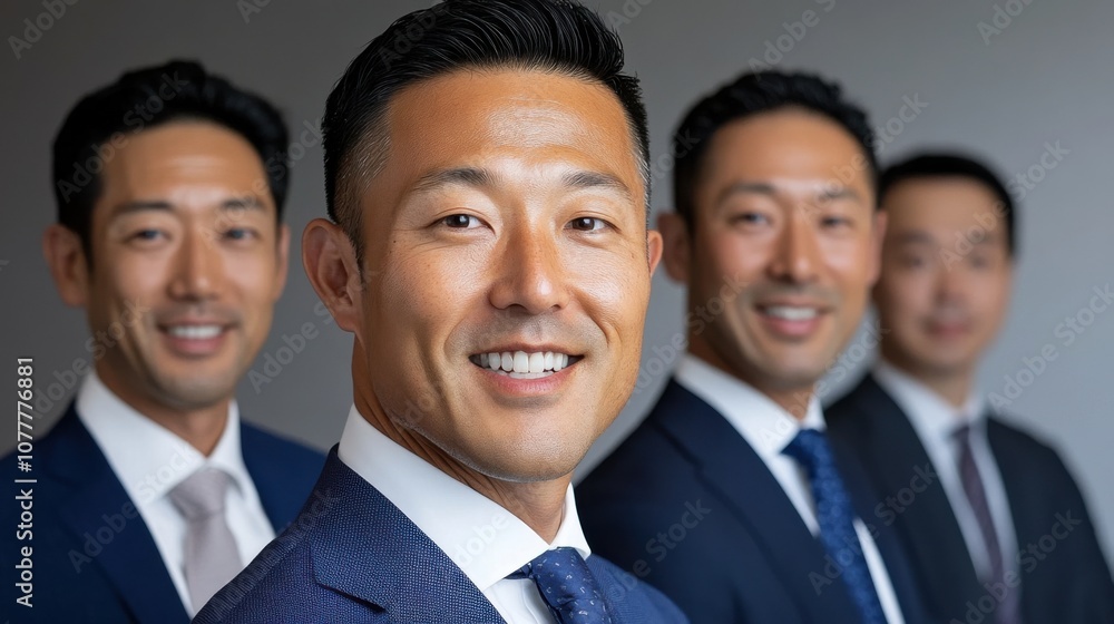 笑顔のプロの日本人ビジネスマン 4 名によるチームワークとコラボレーションのコンセプト 笑顔のプロの日本人ビジネスマン 4 名によるチームワークとコラボレーションのコンセプト