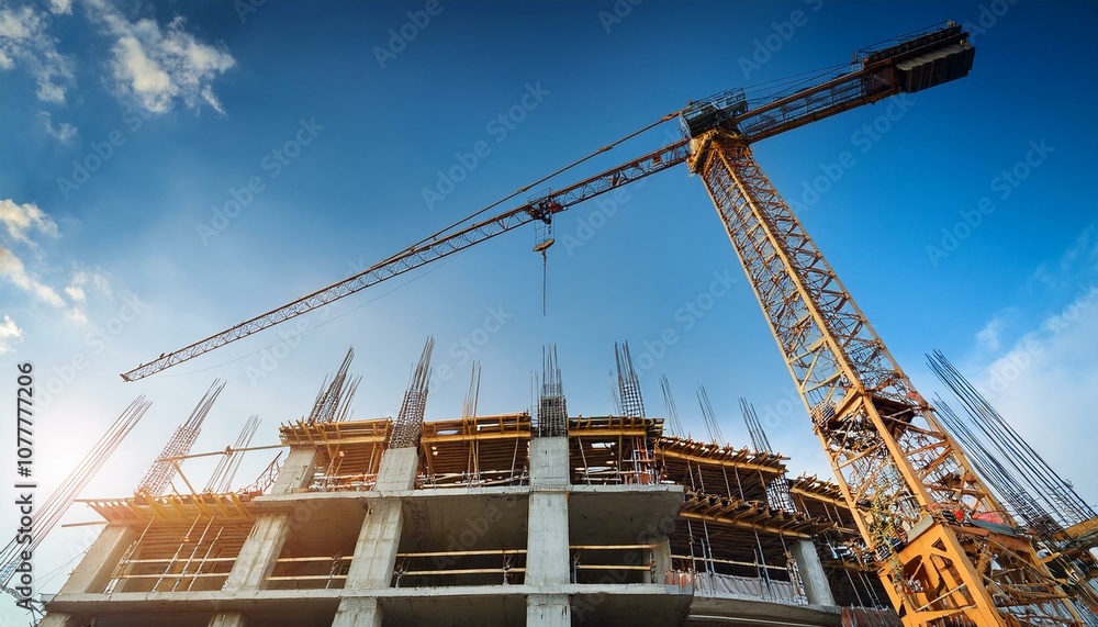 Crane and building construction site against blue sky Crane and building construction site against blue sky