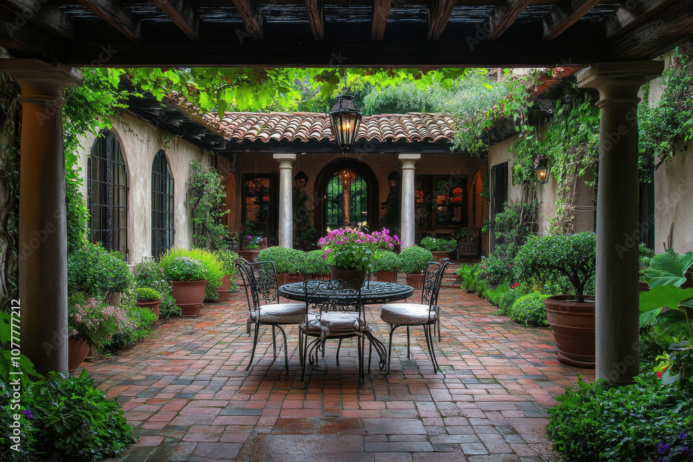 Obraz premium Charming Mediterranean courtyard with iron furniture, colorful flowers, and lush greenery, creating a serene and inviting outdoor space for relaxation.