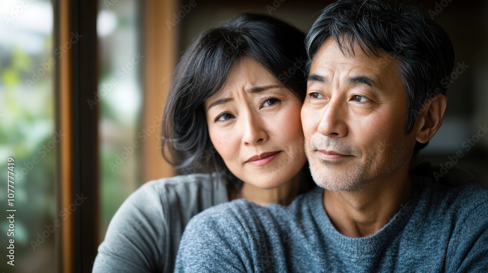 窓辺で抱き合う思慮深い中年夫婦の支え合う家族の様子 窓辺で抱き合う思慮深い中年夫婦の支え合う家族の様子
