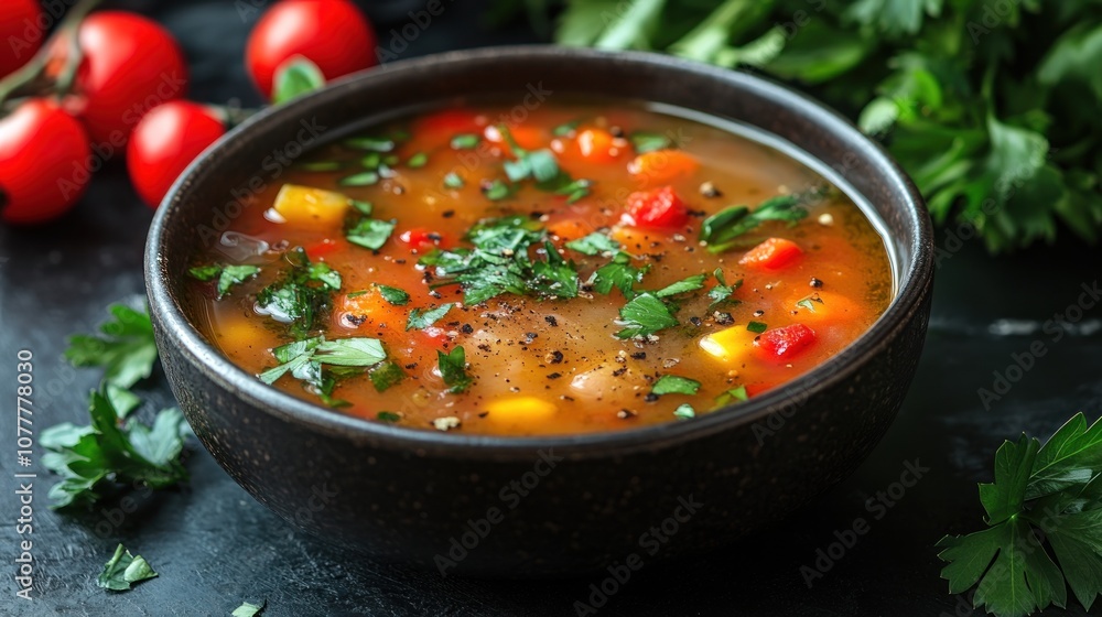 A bowl of vibrant vegetable soup garnished with herbs. A bowl of vibrant vegetable soup garnished with herbs.