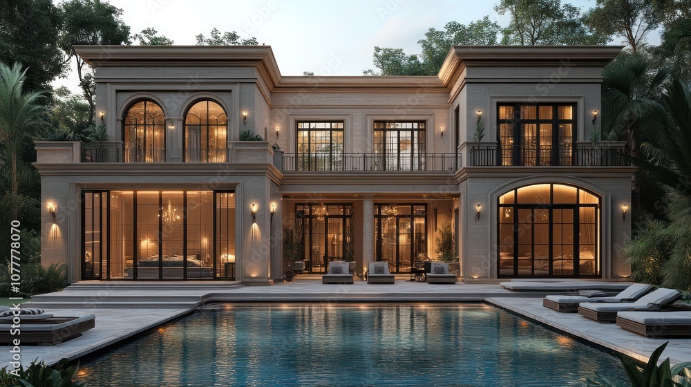 Fototapeta premium Elegant modern villa with pool surrounded by lush greenery.
