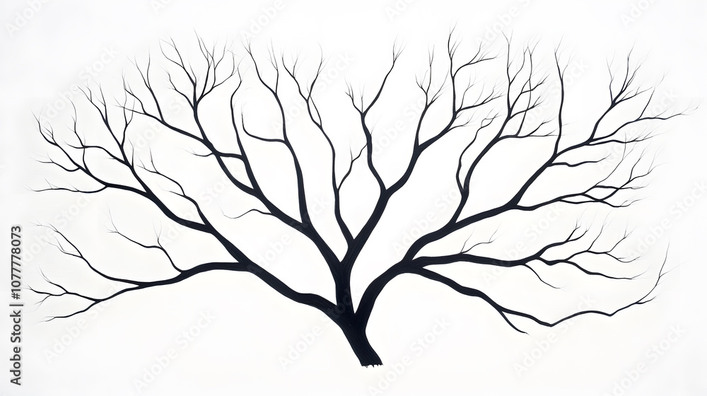 Fototapeta premium bare tree silhouette with intricate branches against white background, evoking sense of winters stillness and beauty of natures simplicity