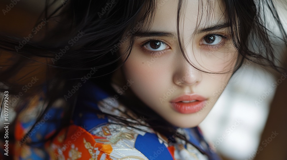 Fototapeta premium 鮮やかな服装をしたアジア人女性の静けさと美しさ - 穏やかな表情のポートレート
