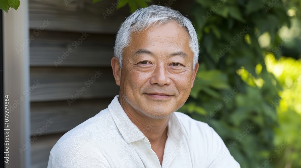 屋外で自然光を浴びながらカジュアルな服装をした日本人男性の穏やかなポートレート 屋外で自然光を浴びながらカジュアルな服装をした日本人男性の穏やかなポートレート