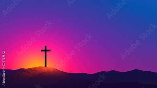 Cross Summit in Grief: A Majestic Panorama of Mountains, Hills, and Forest with Religious Symbolism Against a Blue Sunset Sky as Background Banner