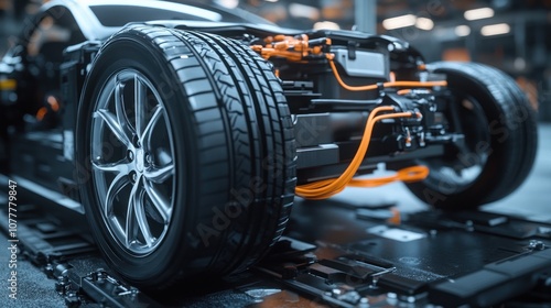 Close-Up of an Electric Car Wheel and Chassis