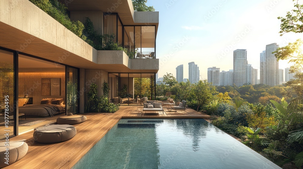 Obraz premium Modern villa with a pool and city view surrounded by greenery.