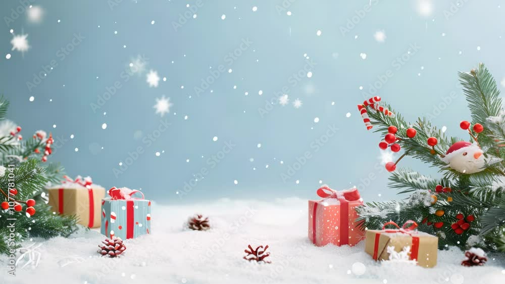 A blue sky with snow and a Christmas tree with a bird on it. There are several boxes of gifts scattered around the tree A blue sky with snow and a Christmas tree with a bird on it. There are several boxes of gifts scattered around the tree