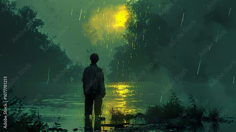 Silhouette of a Person Standing in a Lake During a Rainstorm Silhouette of a Person Standing in a Lake During a Rainstorm