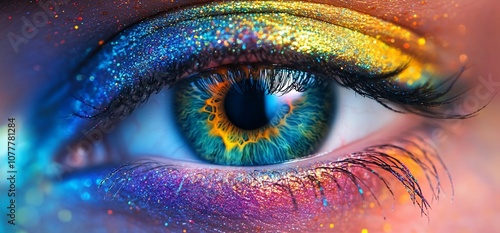 A close-up shot of a vibrant blue eye with colorful glitter eyeshadow.