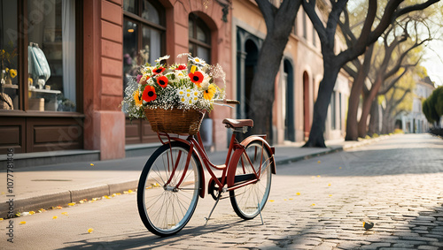 A classic rusty red vintage bicycle with a Hipster red bicycle in old building walls background , color if vintage tone tree and landscape background,
 photo