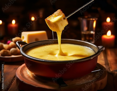 Close-up of cheese fondue on a wooden table, capturing melting cheese stretching