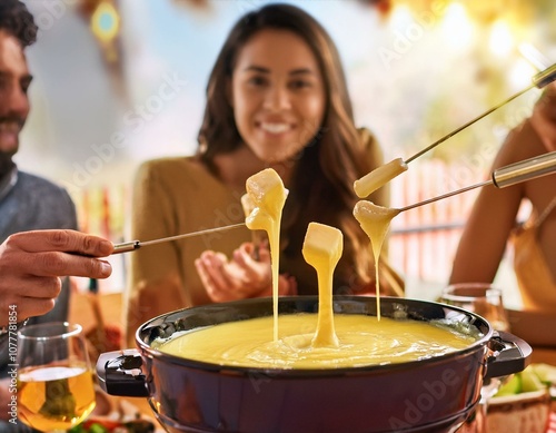 Cheese fondue party with friends, with multiple forks stretching cheese from the pot