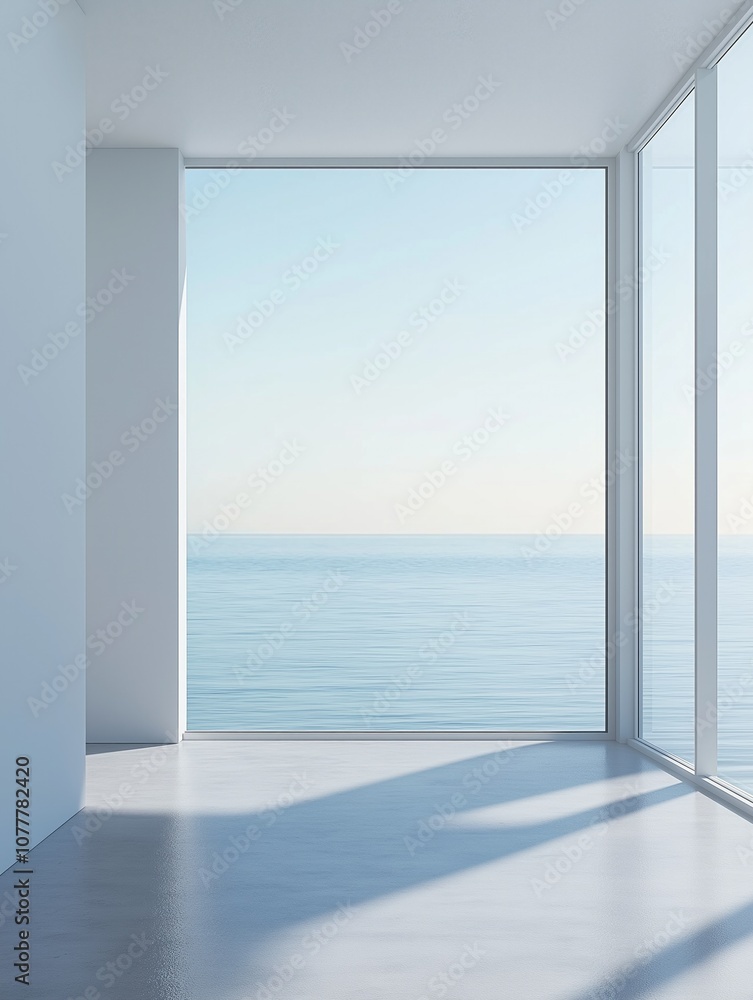 Fototapeta premium Spacious White Minimalist Home with Sea View, Embracing Serenity and Clean Design