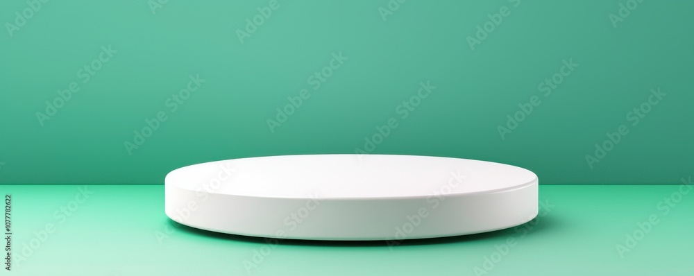 minimalist round white podium green background concept. Minimalist round pedestal on a green background for product display. minimalist round white podium green background concept. Minimalist round pedestal on a green background for product display.
