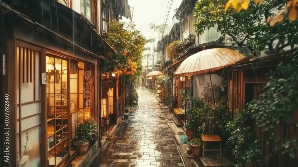 Fototapeta premium Traditional Japanese Alley with Cozy Shops - Rainy Day, Tokyo Streets
